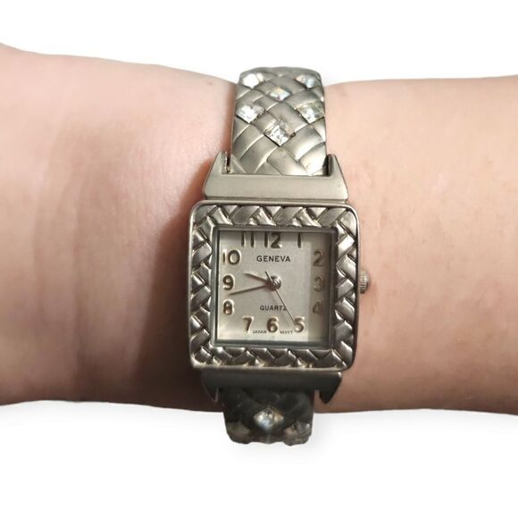 Geneva Silver-tone Basket Weeve & Crystal Open Cuff Watch - Picture 7 of 13
